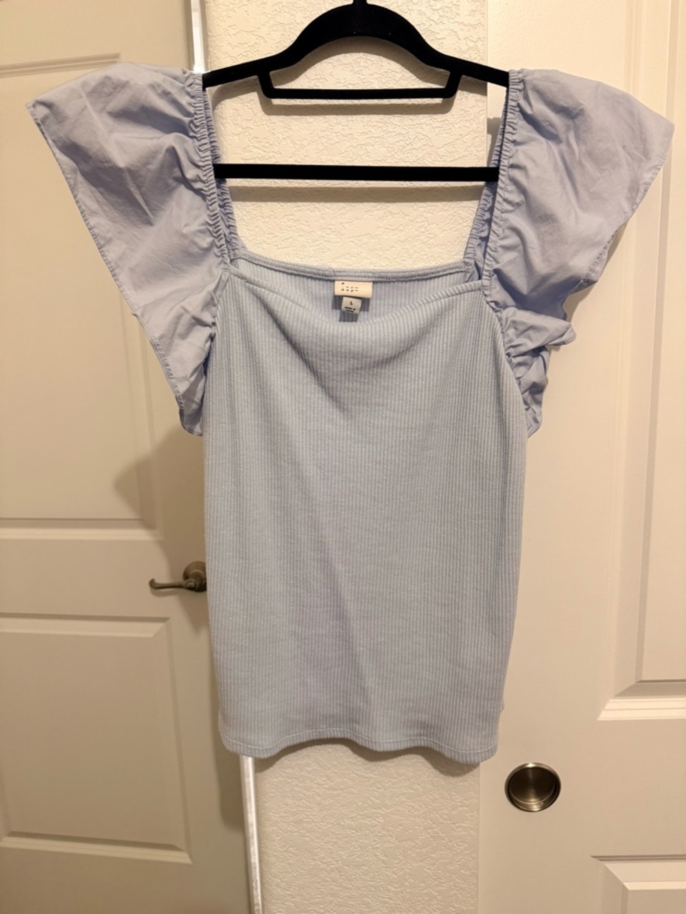 a new day Light Blue Ribbed Square Neck Tank with Flutter Sleeves